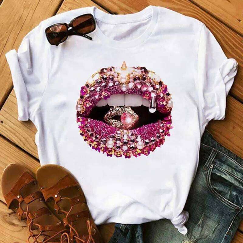 Sexy Colorful Diamonds Lip Print T Short Sleeve O Neck Loose Women Tshirt Ladies Tee Shirt Tops Camisetas Mujer Z260312