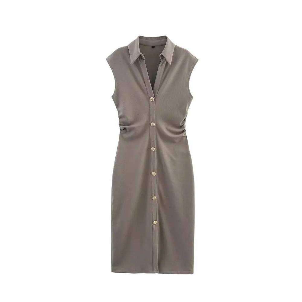 2025 Summer Single Breasted Dress Woman Ruched Sleeveless Long for Women High Street Casual Women's Dresses C260312