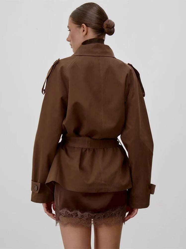 Chic Stand Collar Lace Up Trench Coat Women Long Sleeves Single Breasted Short Windbreaker Spring Lady Daily Street Jacket 2026