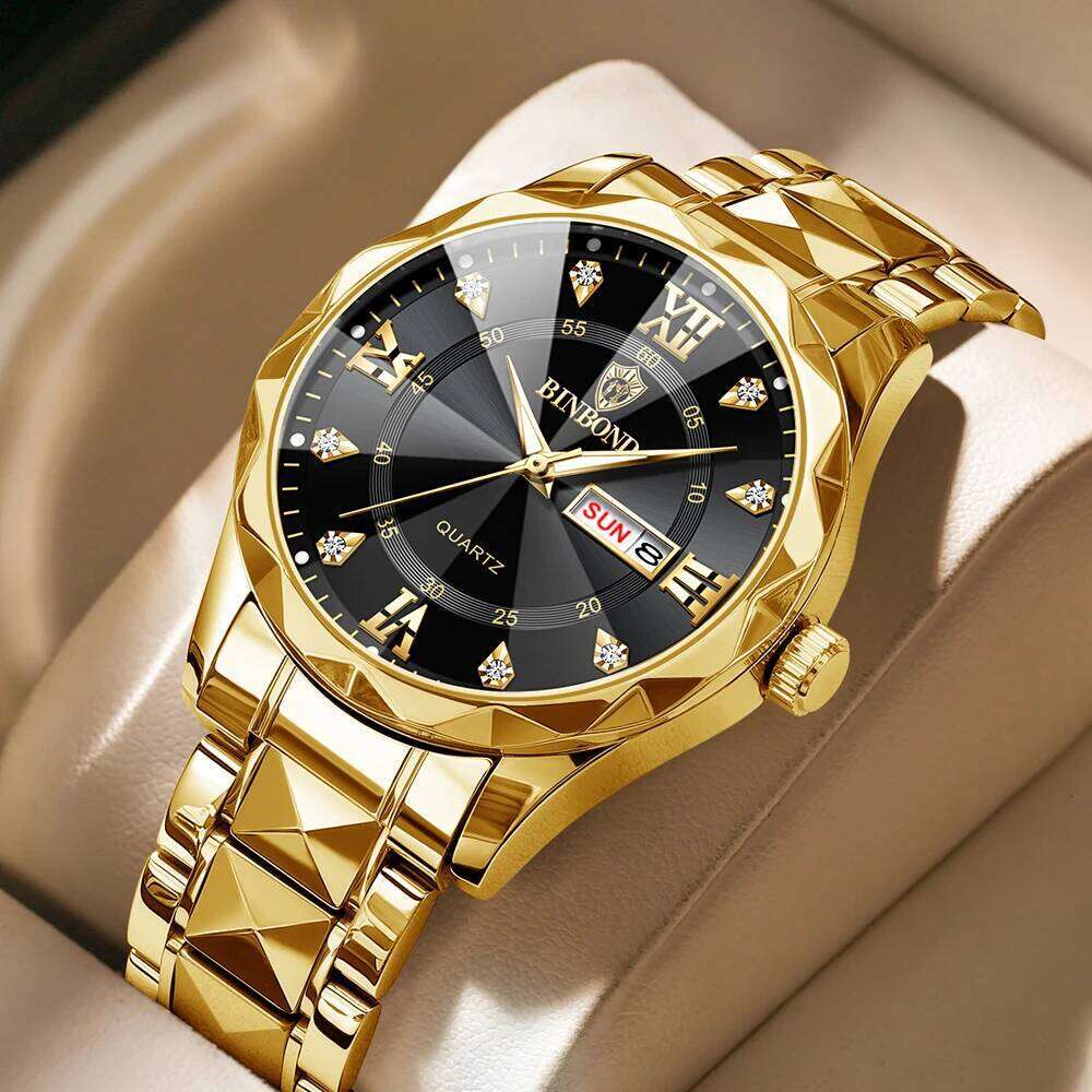 BINBOND Waterproof Stainless Steel Quartz 2024 Top Brand Luxury Night Glow Date Week Men's Watch 2521