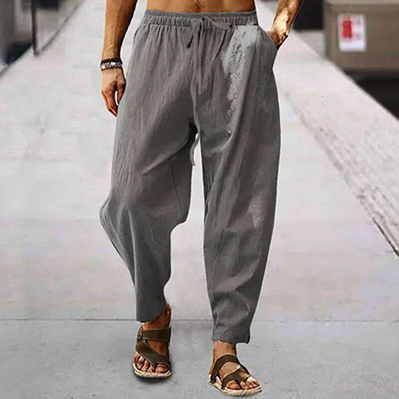 All Seasons Men's Casual Cotton Linen Pants Loose Fit Straight Wide Leg Hip Hop Drawstring Trousers