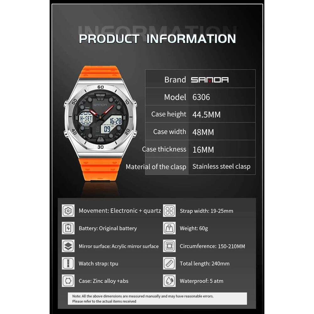 SANDA 6306 Fashion Men's Electronic Dual Display Multifunctional Night Light Alarm Clock Waterproof Cool Unisex Watch 2026
