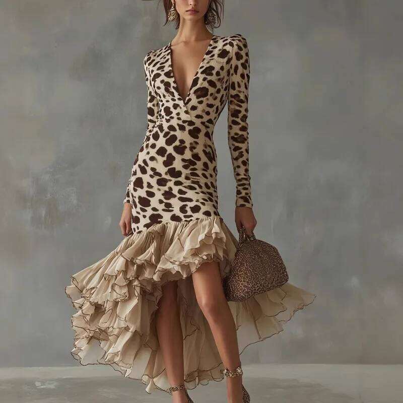 V-Neck Print Stone Pattern Patchwork Mesh Women's Autumn Sleeve Layered Irregular Skirt Banquet Long Dress For Dating C260311