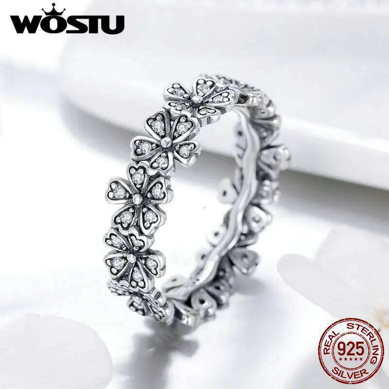 WOSTU Silver 925 Ring Pink Zircon Daisy Flower Enamel Rings For Female Fingers Original Wedding Engagement Jewelry Gift H260312