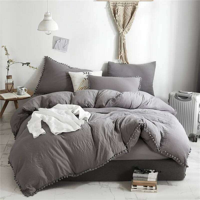 Solid color wash ball tassel Duvet deluxe extra large bedding double bed full set quilt cover H260312