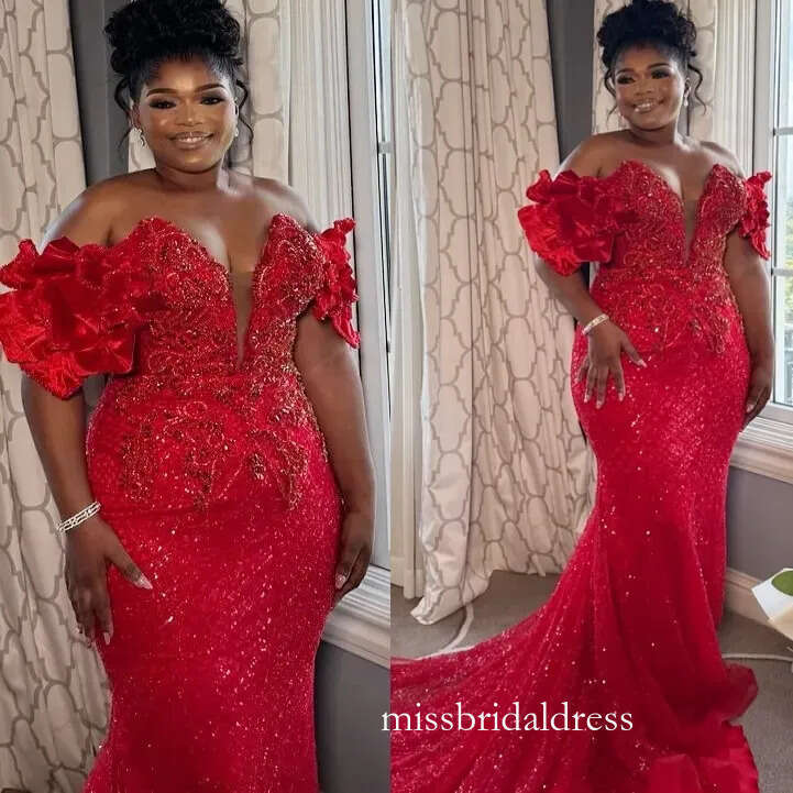Red Mermaid Plus Size Prom Dresses 2025 Florals Sequined Sweetheart Evening Formal Party Second Birthday Engagement Gowns Dress For Special Occasions 