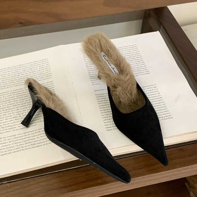 SUOJIALUN 2025 Winter New Women Slipper Fashion Warm Plush Ladies Elegant Slip On Mules Thin High Heel Dress Pumps Shoes K260312
