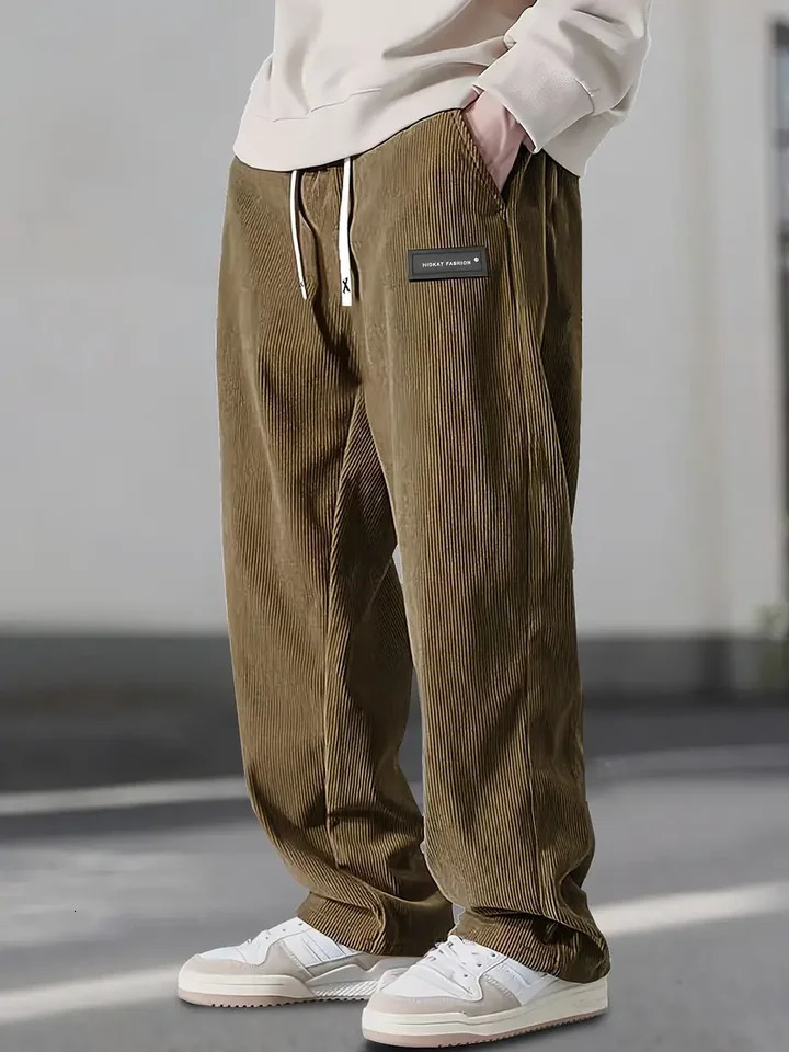 Autumn Winter Mens Casual Pants Striped Corduroy Loose Fashion Cargo Straight Pants Fitness Sports Hip Hop Pants 260311