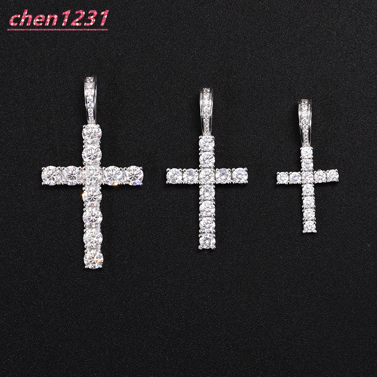 Hot Sale Cross Pendant 2mm-5mm Width 925 Solid Silver With D Color Moissanite Hip Hop Cross Pendant for Necklace