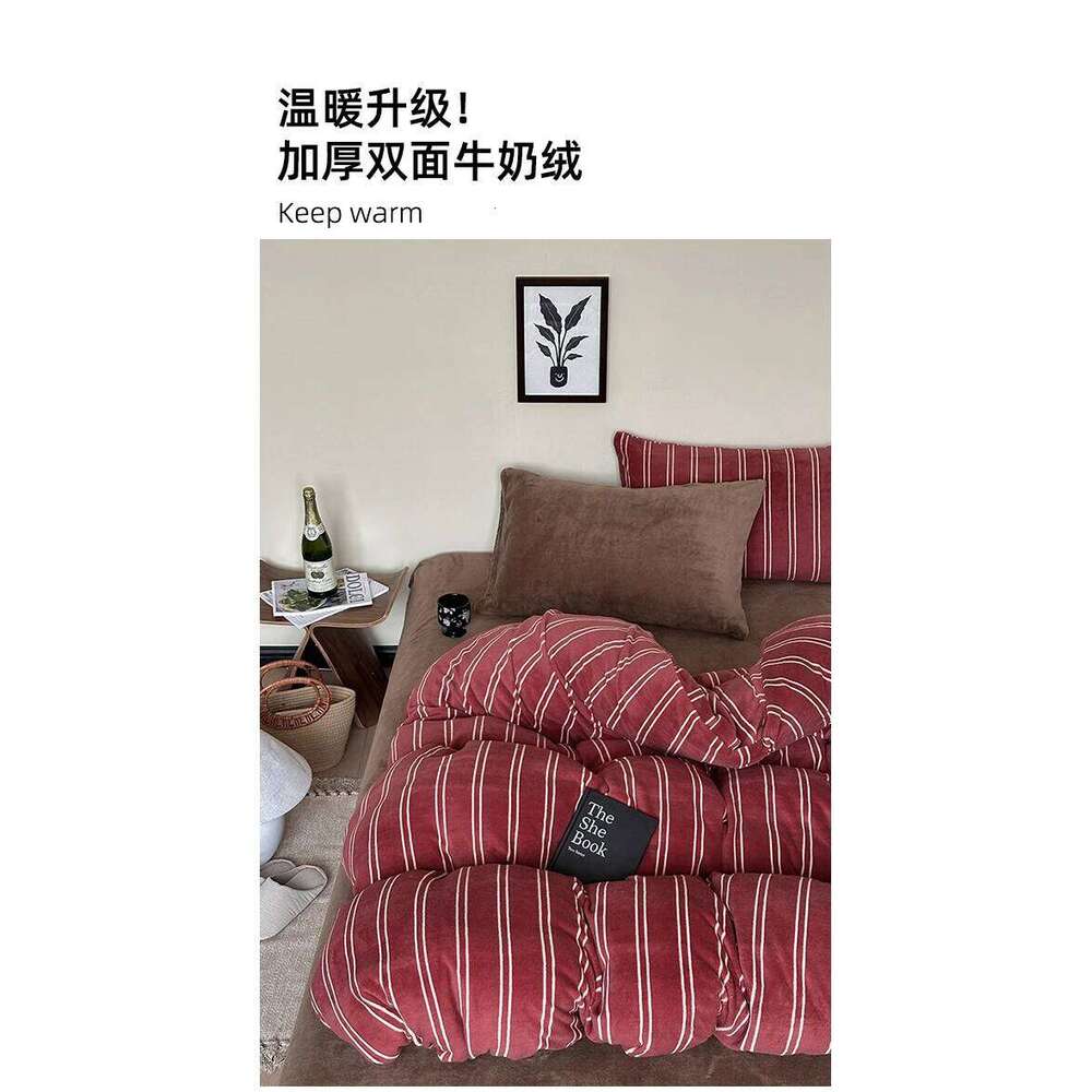 Four-piece set of household retro style red stripes thickened warm quilt cover bed sheet bedding double-sided simple and modern H260312
