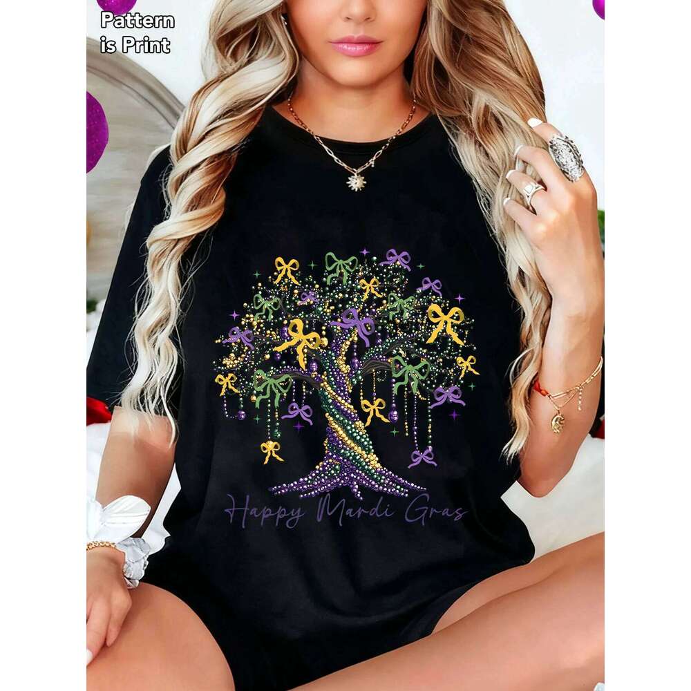 Women's Mardi Gras Festival Shirt Purple Green Gold Hanging Beads Oak Tree Graphic Tee Summer Casual Party Gift Black White Z260312