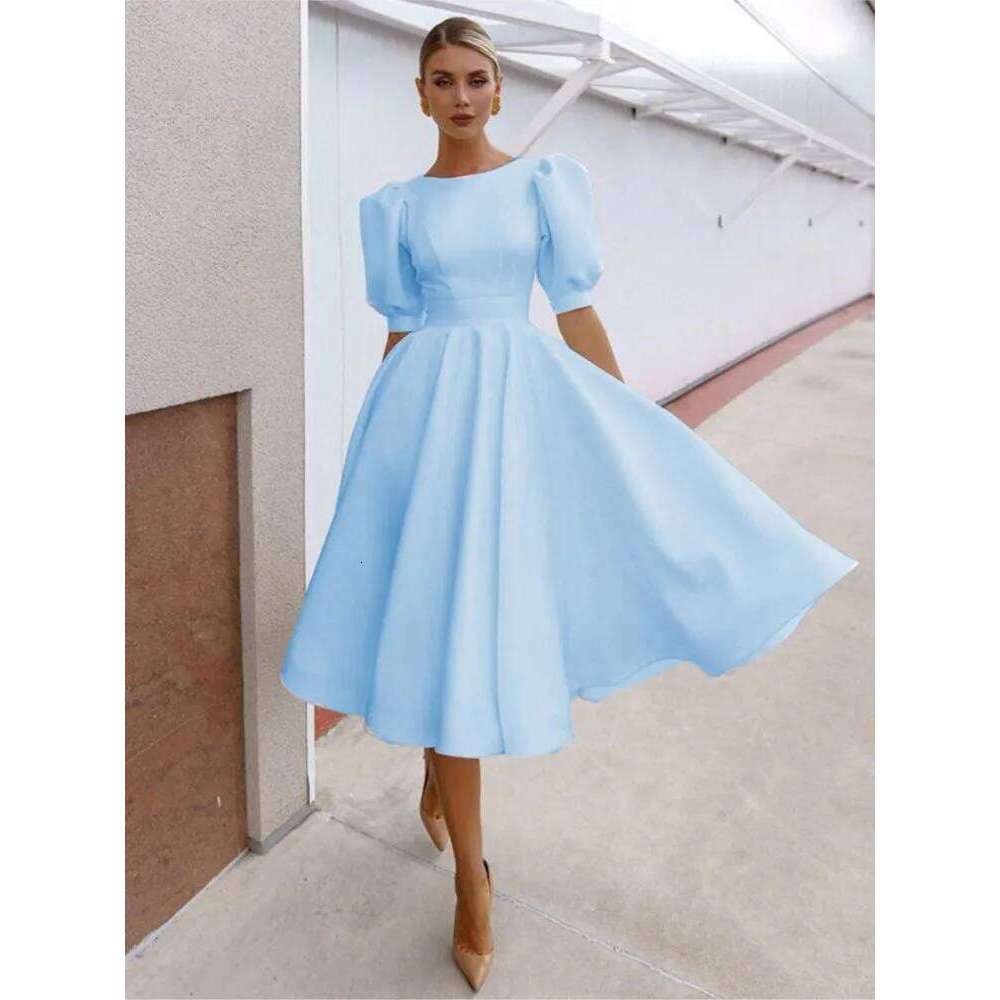 Sexy Backless Midi Dress Woman's Summer Fashion O-neck Short Sleeves Solid Color High Waist Dresses Ladies Elegance Vestidos C260312