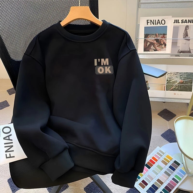 Letter Print Trendy Swetshirt For Men Style Autumn Winter Fleece Pullover Hong Designer Hoodie Kong Style Loose Bse Shirt