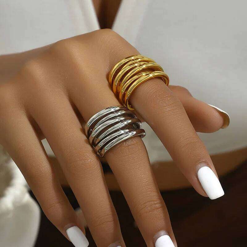 Foxanry Non-fading Gold Color Engagement Rings for Women Couples New Fashion Simple Multilayer Geometric Birthday Party Jewelry H260312