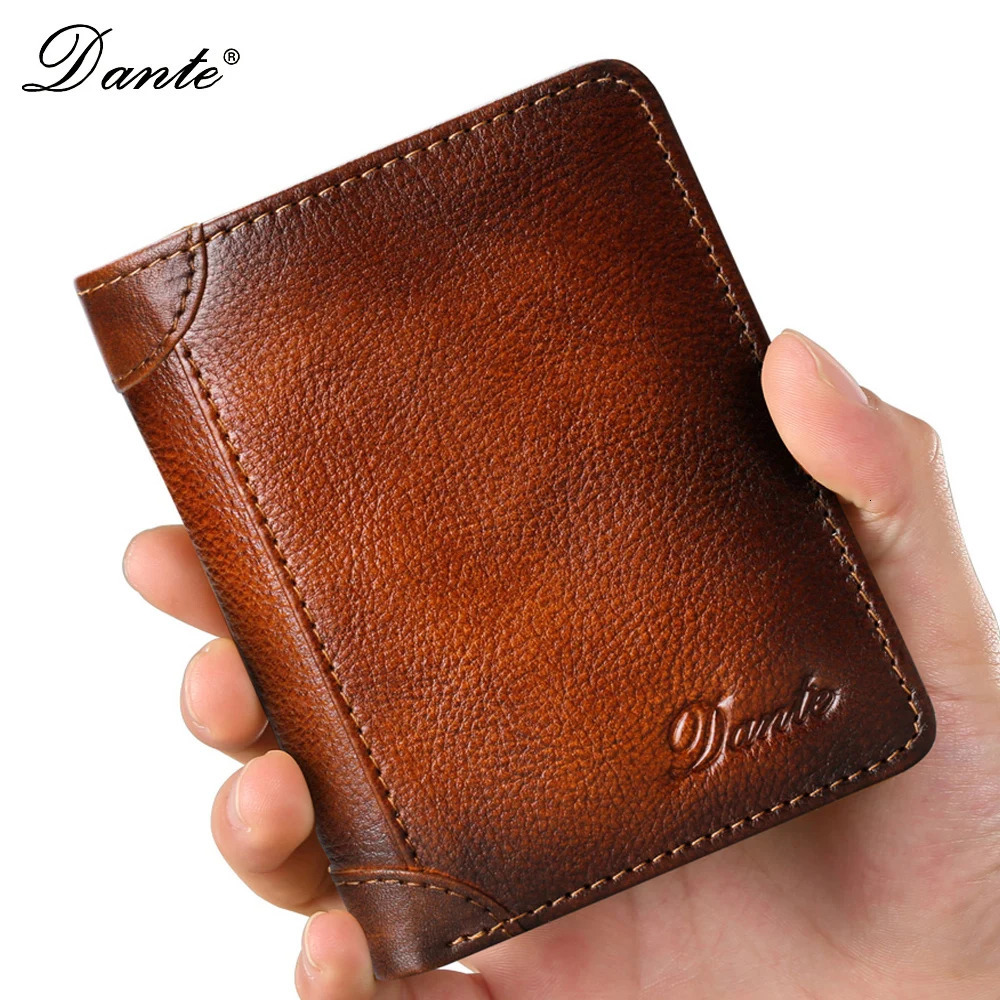 Dante Mens Leather Wallet RFID Anti-theft Brush Head Layer Cowhide Retro Casual Vertical Multi-Function Money Bag Money Clips 260304