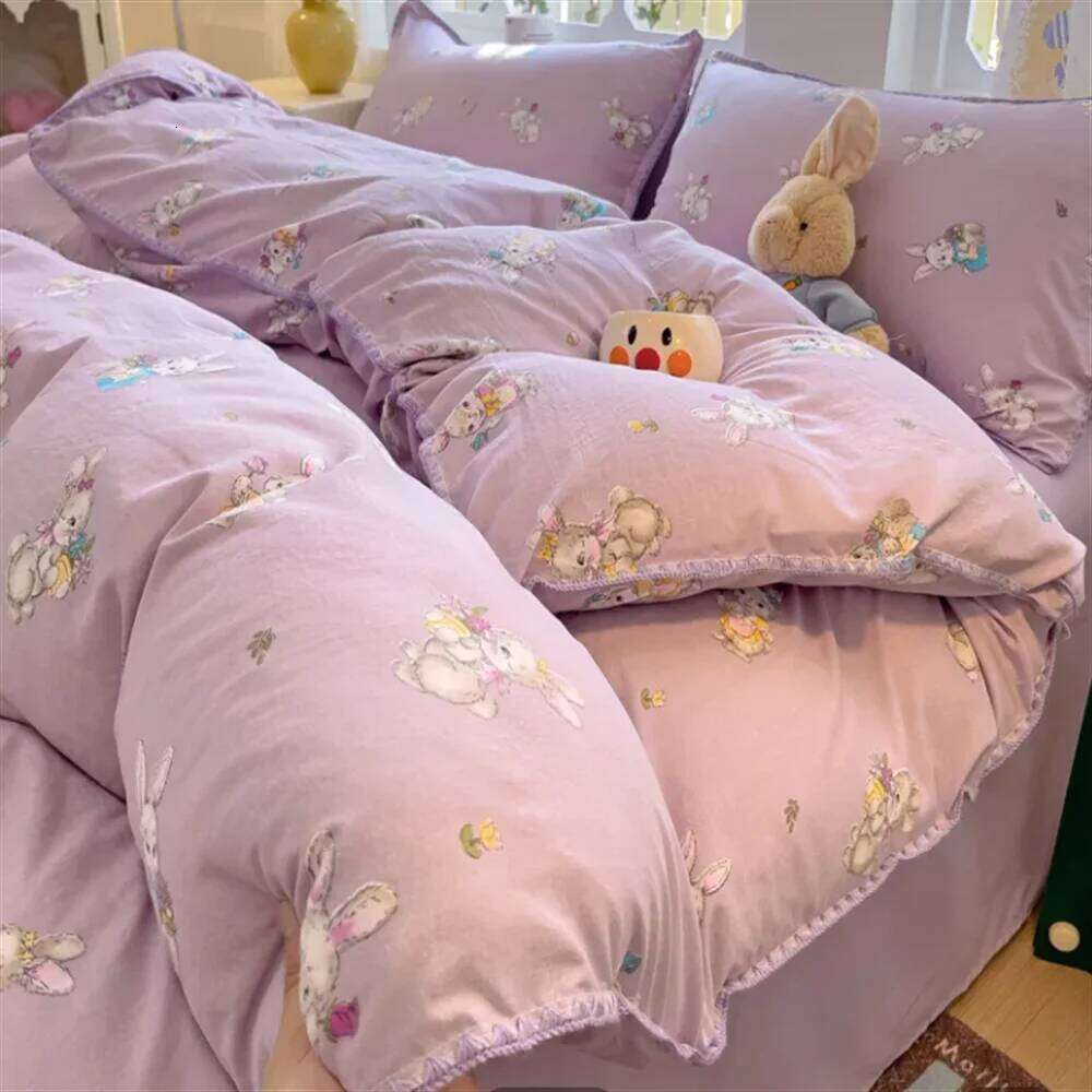 Sausa Dog Heart Cherry Quilt Double layer Yarn Four Pink Washed Cotton Bed Single Dormitory Simple Three piece Set H260312