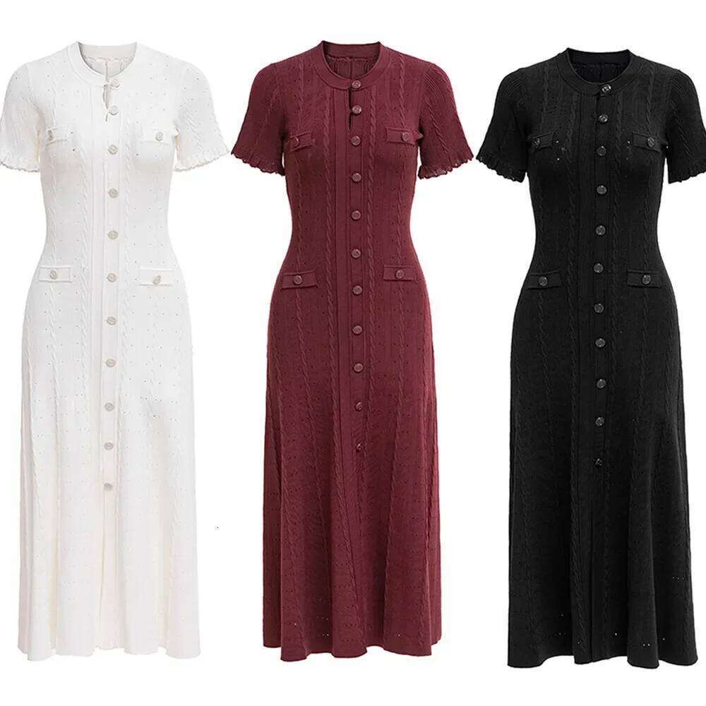 Summer Solid Round Neck Short Sleeved Office Lady Knitted Women Korean Single Breasted Hollow Out Long Dress Fashion Trend C260311