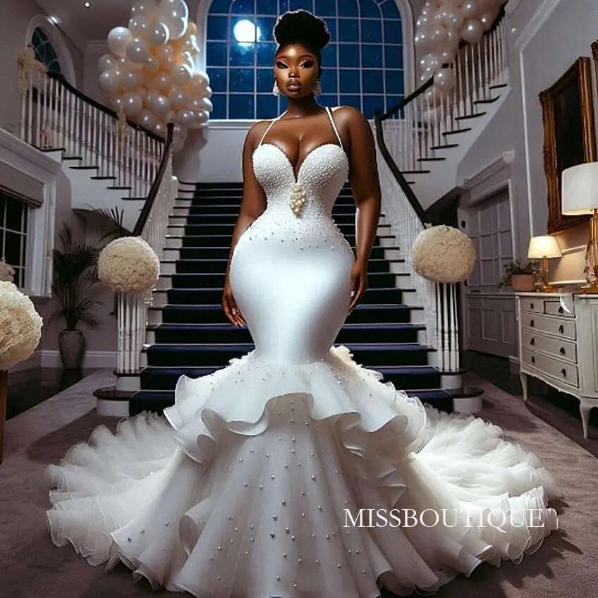 Luxury African Arabic Mermaid Wedding Dress Pearls Beaded Halter Neck Sleeveless Customized Bridal Gown Back Lace-Up Satin With Tulle Bc20072 B0312