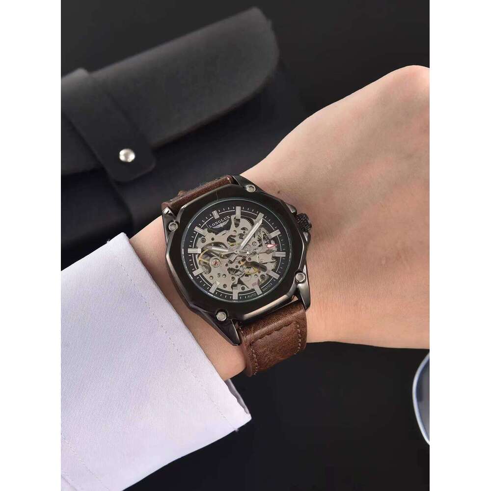 LONGLUX automatic sport style wholesale mechanical wristwatches fashion hollow leather mens watch men gift
