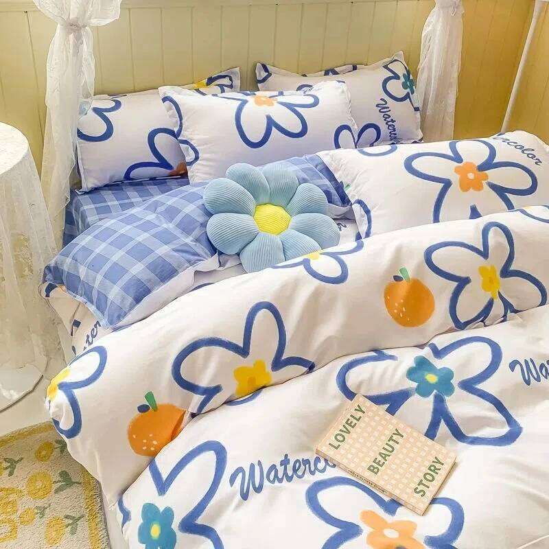 Nordic Style Blended Household Bed Sheet Pillowcase Skin-friendly Printed Bedding Four-piece Set Invisible Zipper Quilt Cover H260312