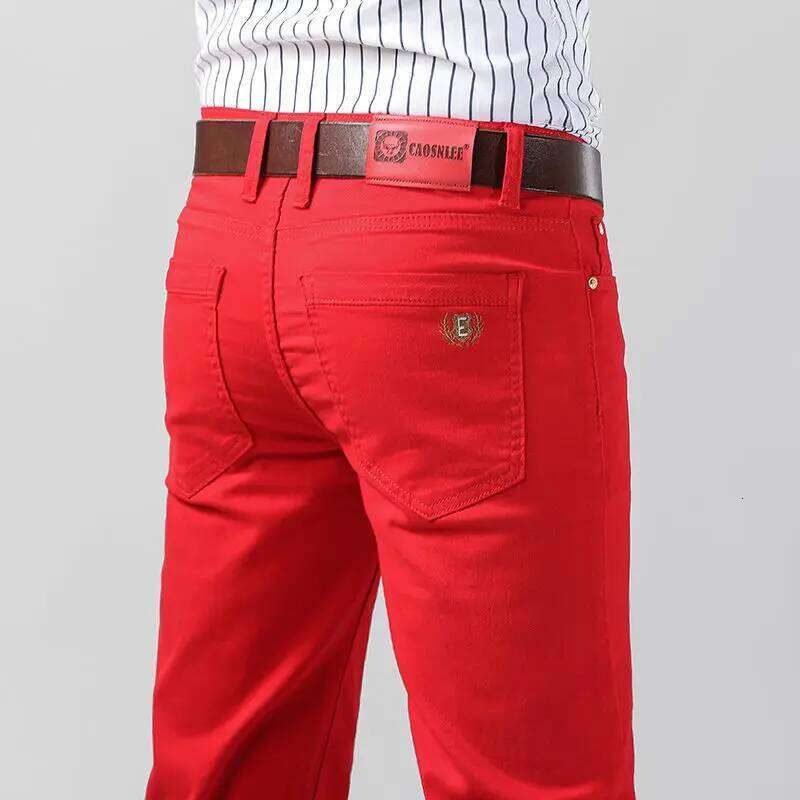 Men's Colorful Stretch Jeans New Elastic Yellow Pink Red Slim Male Clothing Simple Business Denim Trousers 26Y0312