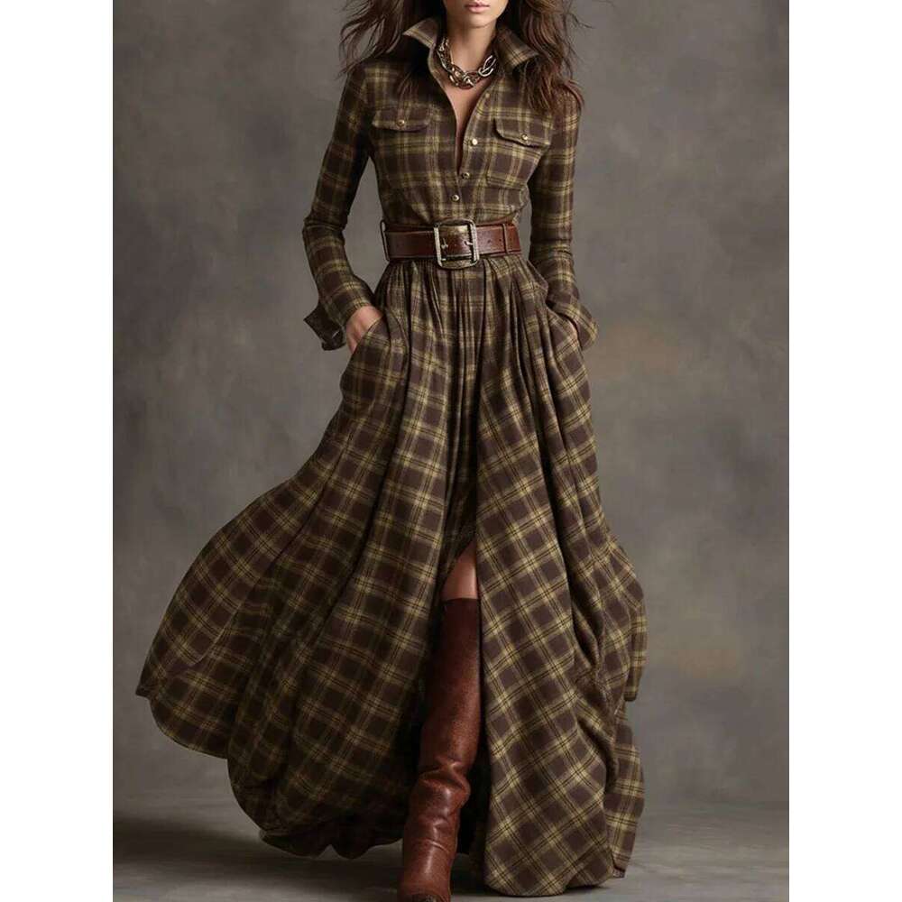 French Women's Plaid Dress Shirt Button Cardigan Lapel Fashion Belt Pocket Irregular Design A-line Long Skirt for Female C260312