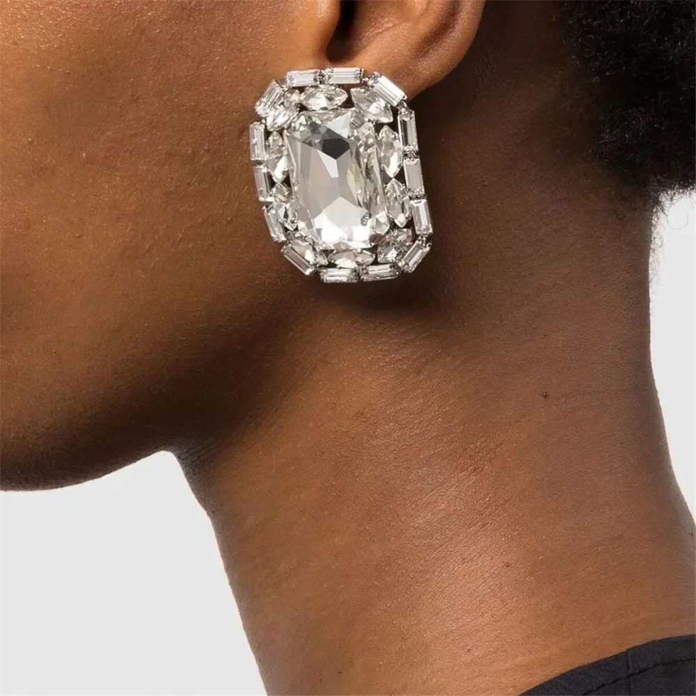 Elegant Gemstone Crystal Big Square Ear Stud Earrings for Women Wedding Clip Bridal Jewelry Accessories 260309