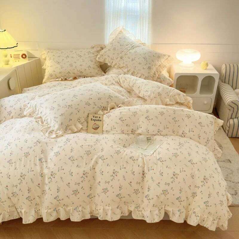 Gentle small floral four piece set aerobic knitted lace double-layer yarn duvet cover washed cotton bed sheet H260312