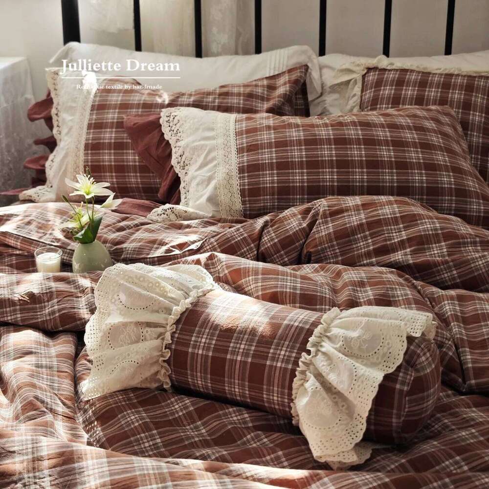 Korean Style Colorful Checkered Princess Bedding Set, 100% Cotton Washed Yarn-Dyed Lace Ruffle Skirt Duvet Cover Bed Linen H260312
