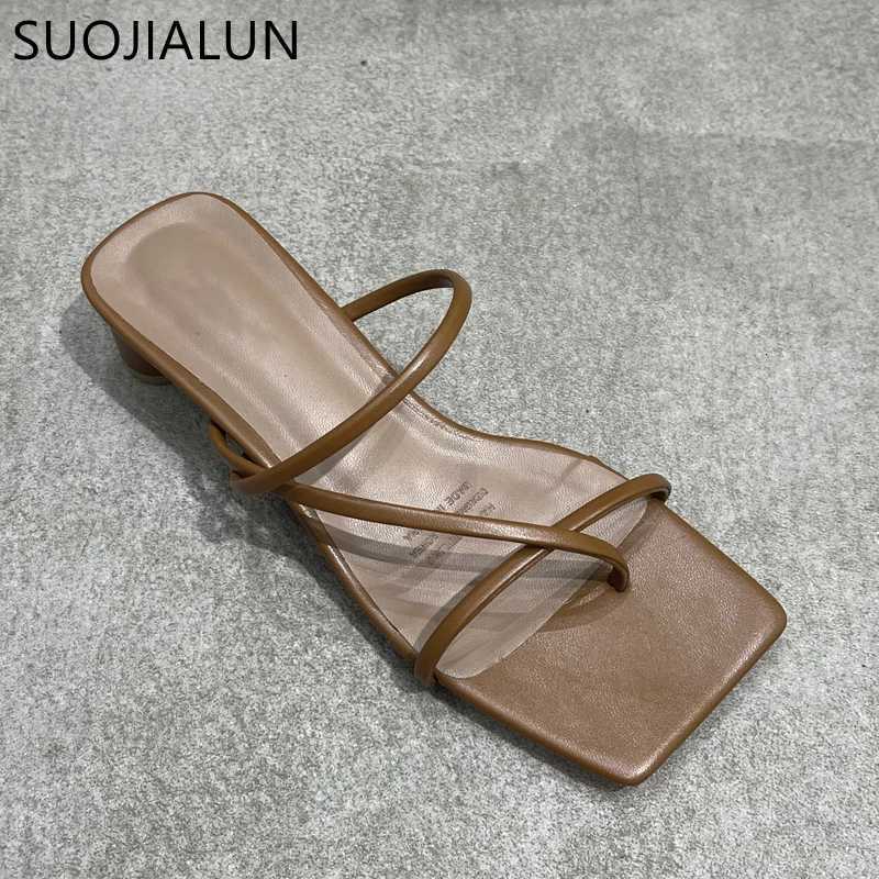 SUOJIALUN Summer Square Low Heel Women Slipper Fashion Narrow Band Ladies Sandal Outdoor Beach Casual Slides Shoes Big Size 40 K260312