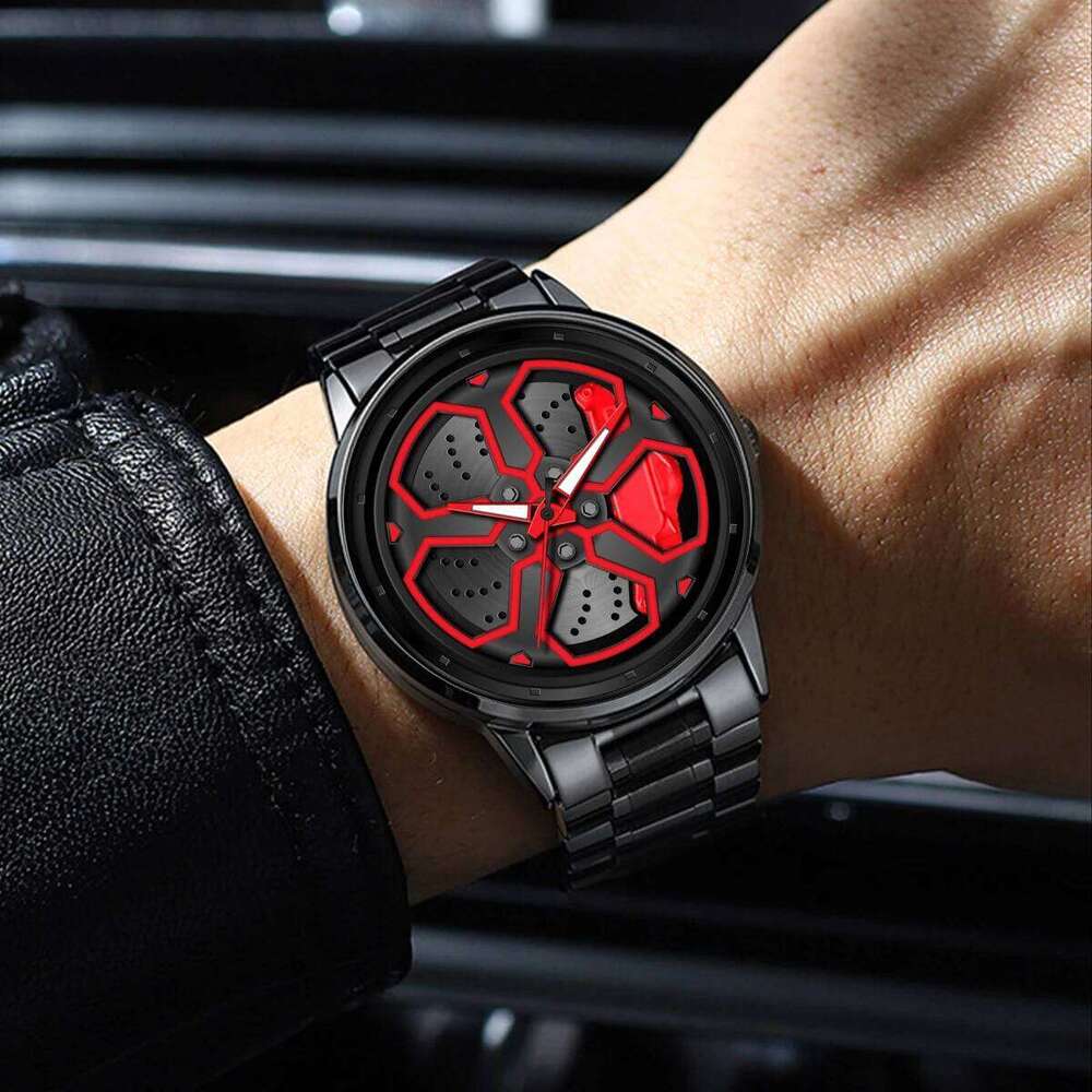 Original Wheel Rotating Watches Black Fashion Stainless Steel Strap Sports Man Clock 3Bar Quartz Movement Top Watch for Men