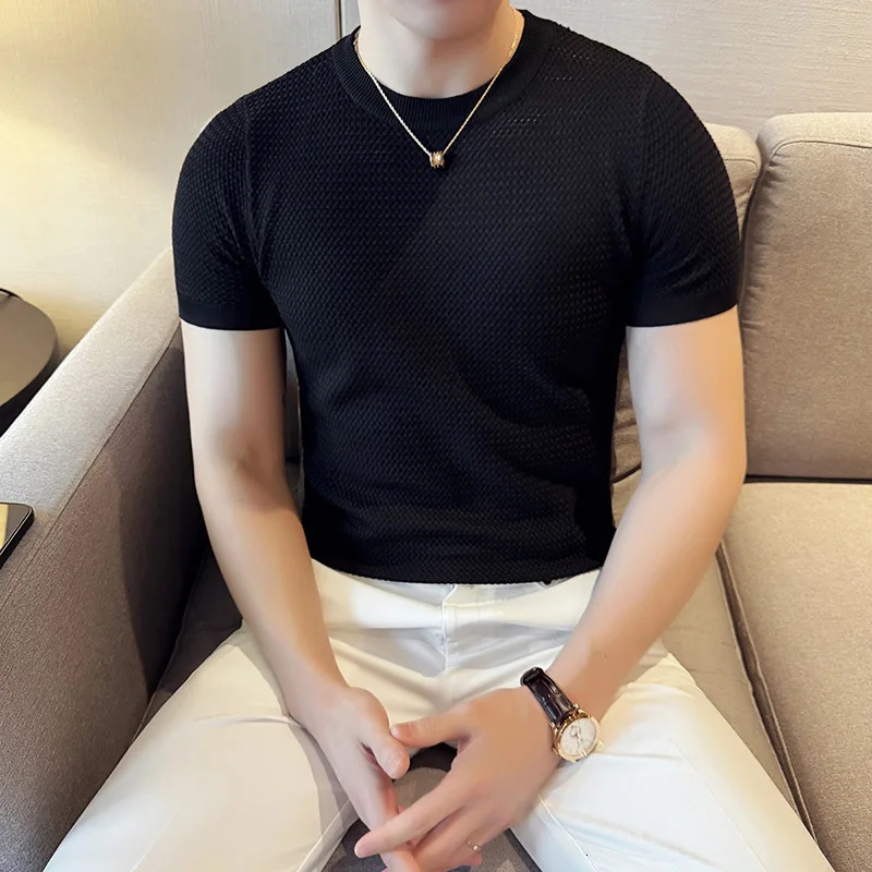 Summer Breathable T-Shirts For Men Korean Clothing O-Neck Short Sleeve Knitted Mens T Shirt Fashion Hollow TopsTees 3XL 260311