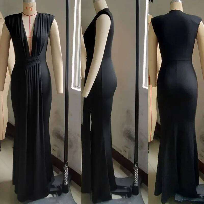 Elegant Ruched Bodycon Maxi Dresses for Women Birthday Night Party Evening Prom Deep V-neck Sheath Celebrity Formal Long Dress C260312