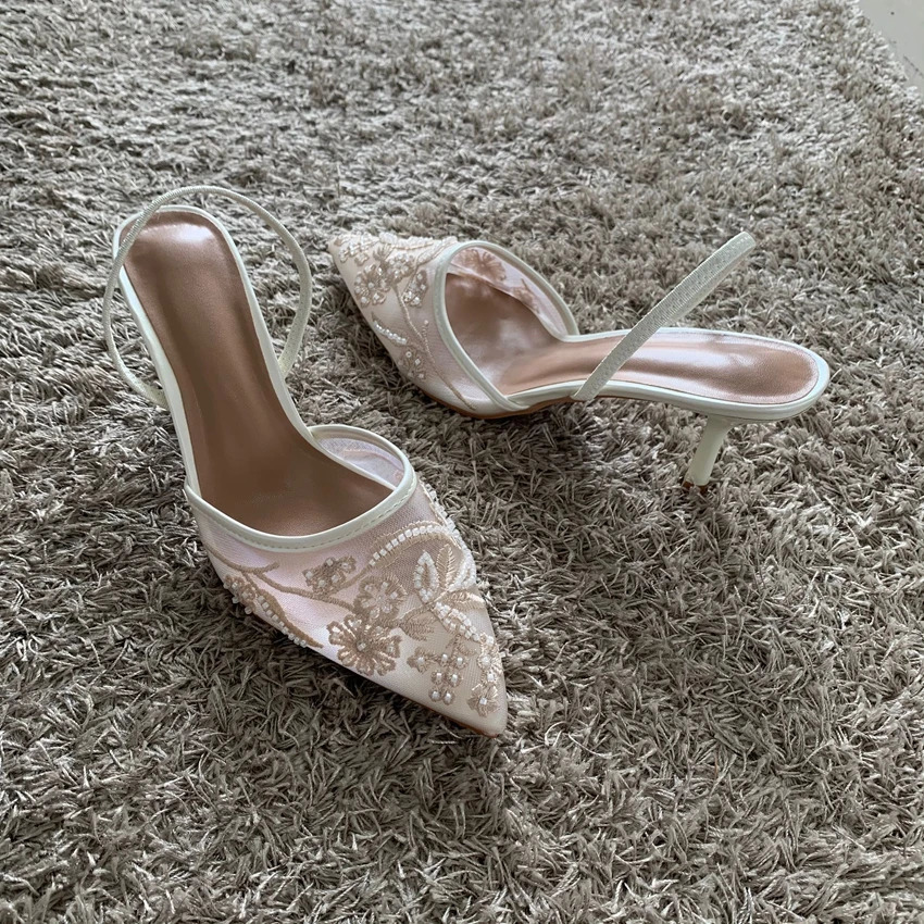 Mesh Embroidered Thin High Heels Sandal 2025 Summer Sexy Slingback Pointed Toe Pumps Dress Shoes Woman Sandalias De Mujer 260306