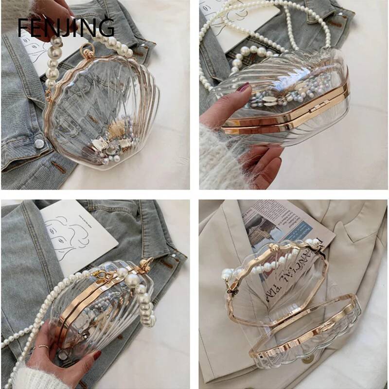 Evening Bags for Women 2023 New Transparent Shell Clutch Box Handbags Pearl Chain Crossbody Acrylic Purse Shoulder Bag