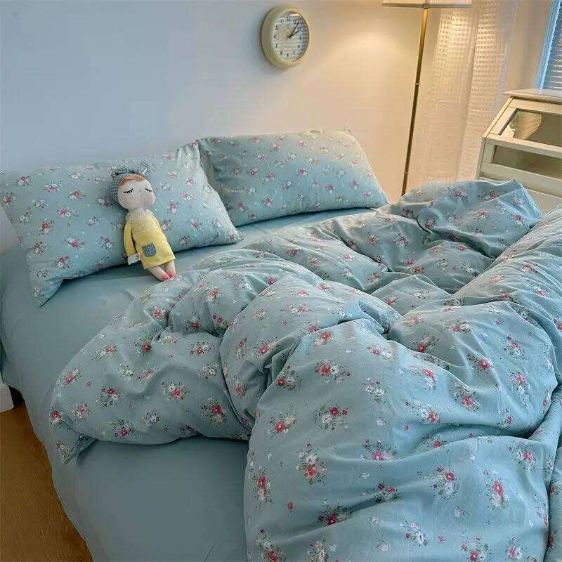 Wrinkled Yarn Washed Cotton Pastoral Four-piece Set Double Cartoon Style Bed Single Quilt Cover Dormitory Three-piece H260312