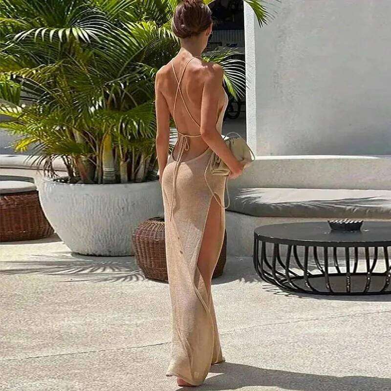 2025 Spring And Summer Hot Style Double-sided High-slit Sexy Suspender Beautiful Back Solid Color Knitted Beach Dress C260312