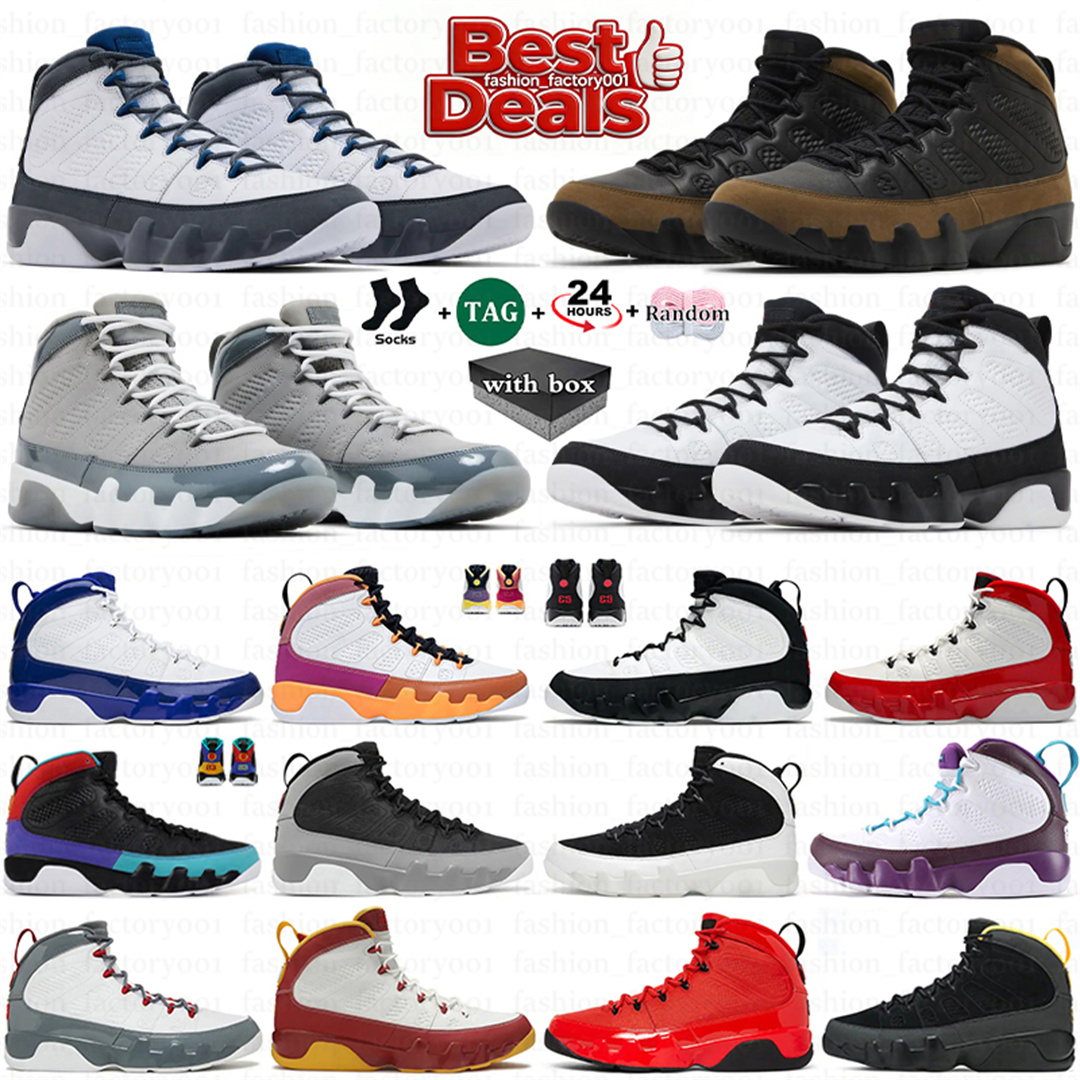 With Box 9 9s Mens Basketball Shoes Flint Grey Olive Cool Grey Concord Fire Red Chile University Blue Gold Powder Men Sport Trainers Sneakers 2026