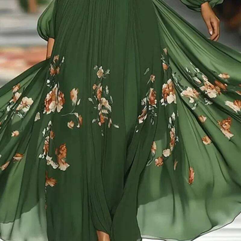Elegant Sleeve Slash Neck Pleated Long Sexy Backless Print High Waist Woman Autumn Strapless Lace Up Prom Dress C260312