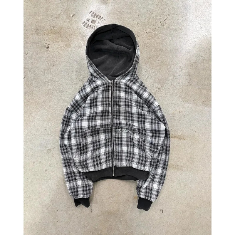 Spring and Autumn American Trendy Double sided Stand up Hoodie cardigan casual workwear plaid jacket 260311