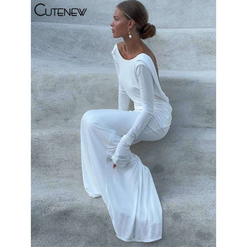 Cutenew High Street Women Maxi Dresses Classic Solid Backless Full Sleeve Sheath Concise Robe Female Elegant Banquet Vestidos C260312