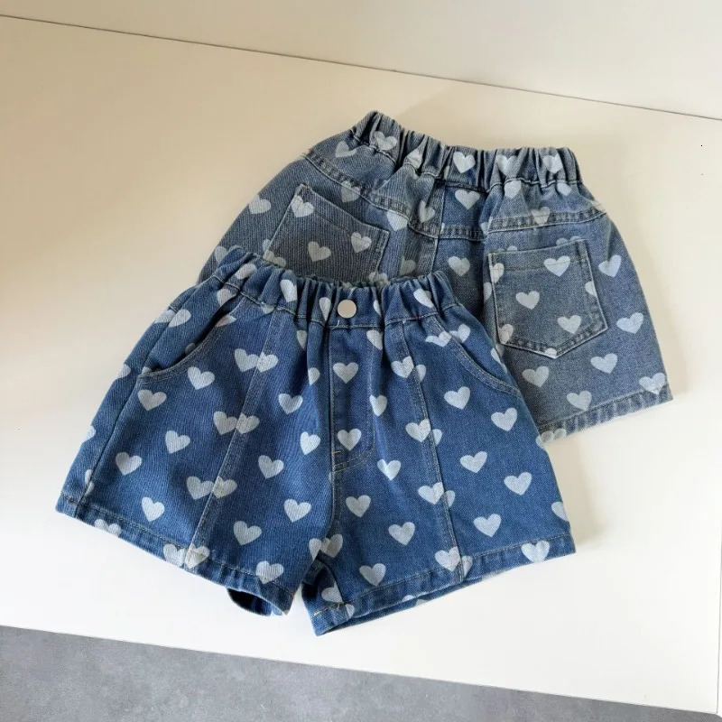Heart Print Denim Shorts for 18Y Kids Elastic Waist Loose Casual Knee Length Pants Girls Boys Vacation Style 260311