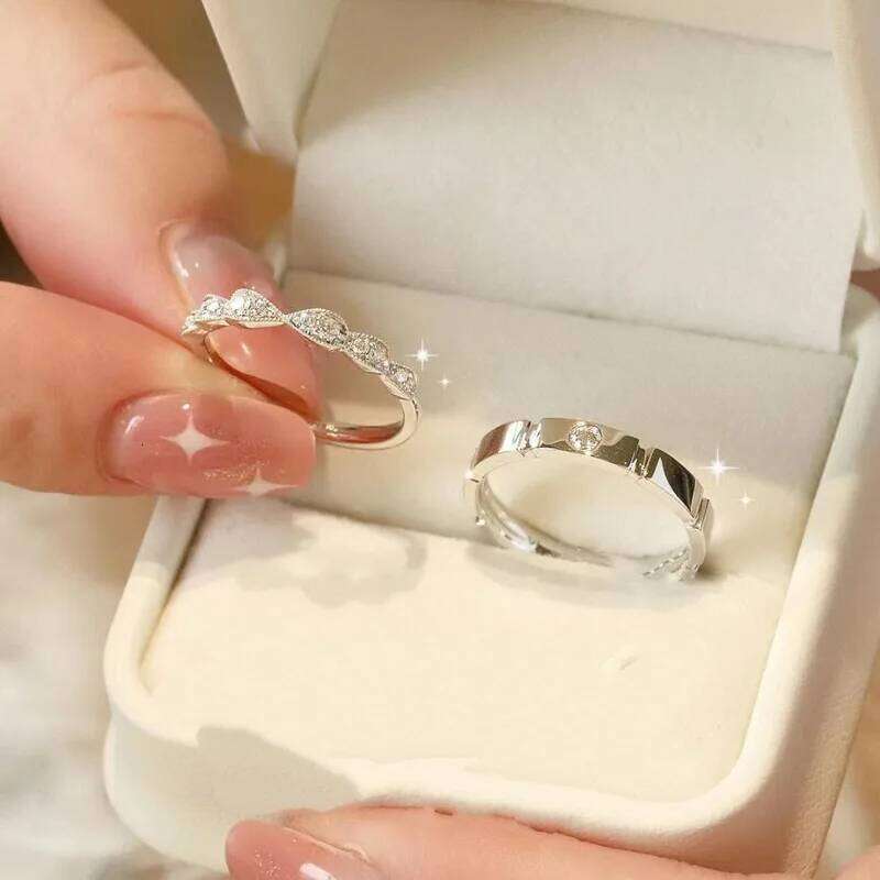 2 Pcs Silver Color Shiny Zircon Matching Couple Luxury Delicate Wedding Rings Set for Women Men Charm Jewelry Accessories W260311