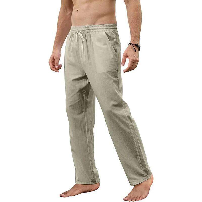 Men's Cotton Linen Loose Breathable Casual Solid Color Long Pants Large Size Streetwear Fitness Lightweight Yoga Trousers