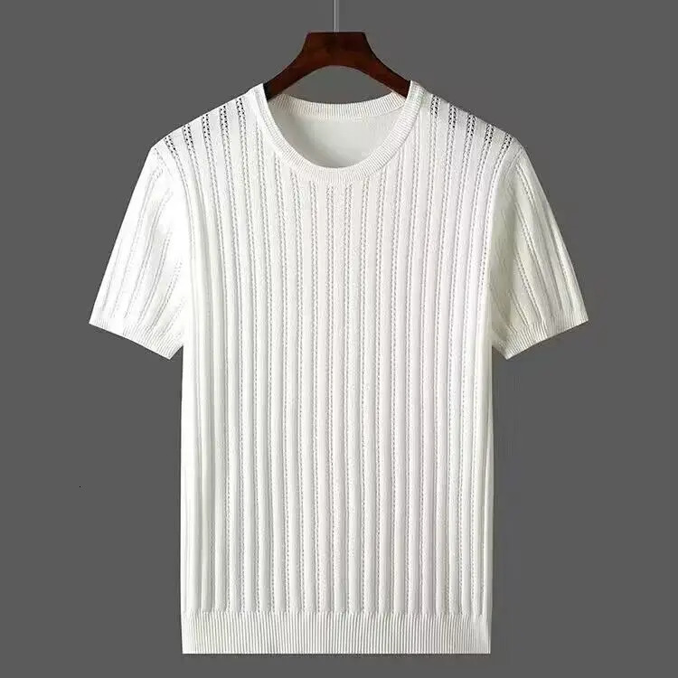 Ice Silk Spring Summer Men T-shirts Hollow Out Short Sleeve Casual T-shirt Male Fashion Slim Fit Knitted Tees W77 260311