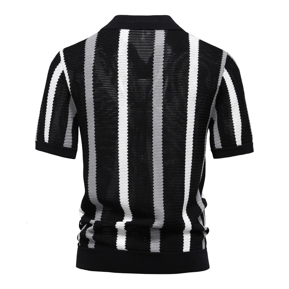 summer mens short-sleeved striped knitted POLO shirt with hollow-out and breathable mesh fabric 260311