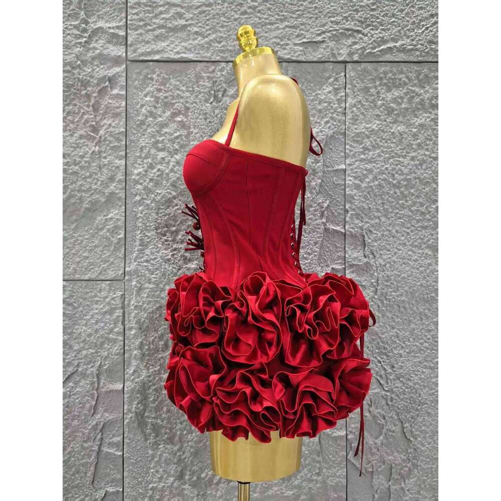 Red Color Women Sexy Halter Full Florals 2 Pieces Bodycon Mini Bandage Celebrate Nightclub Party Birthday Dress C260312