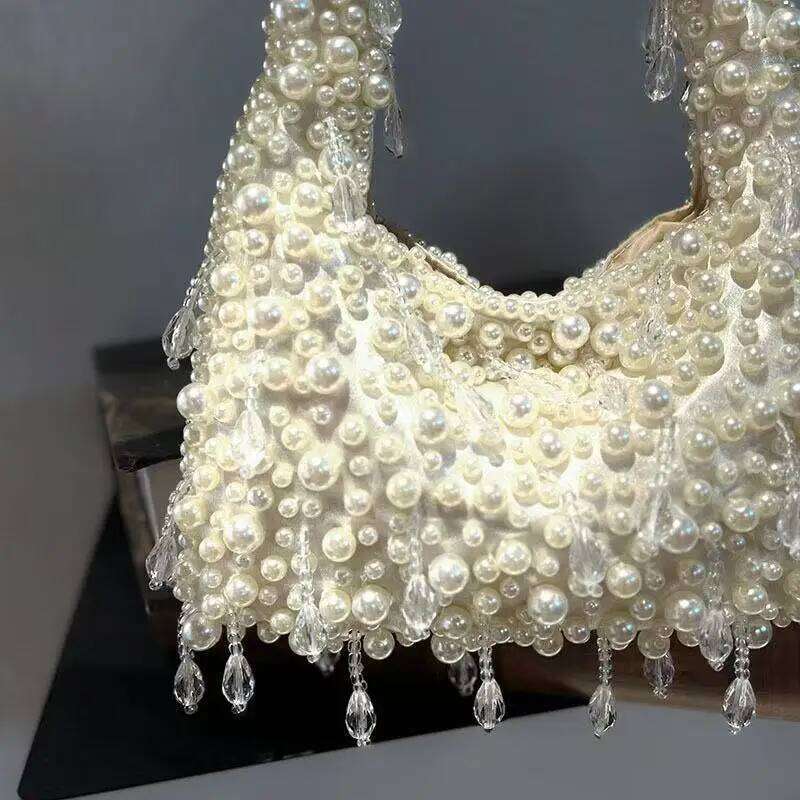 Beads Beaded Tassel Women Handbag Luxury Pearl Beading Handmade Evening Wedding Party Clutch Purse Shoulder Underarm Bag