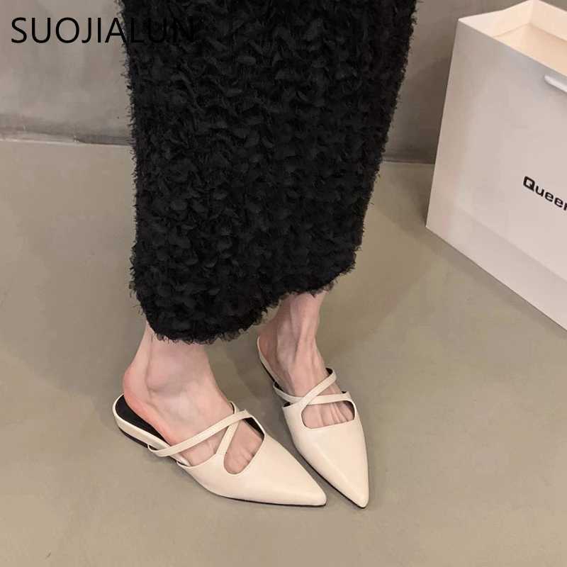 SUOJIALUN 2024 Summer New Women Flat Shoes Fashion Pointed Toe Slip On Mules Shoes Soft Flat Heel Outdoor Vaction Ladies Sandals K260312