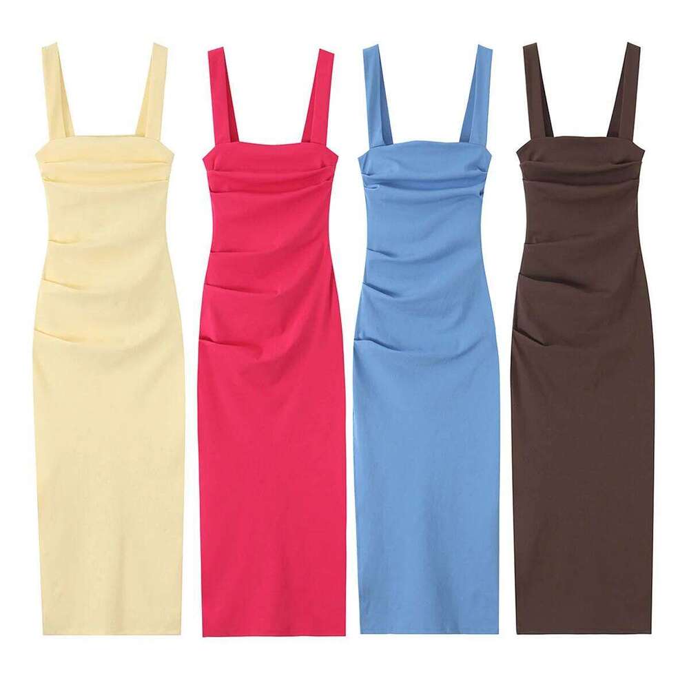 2025 Summer New Arrivals Women's Wear Plain Casual Chic Square Neck Sleeveless Suspender Pleated Midi Dress C260311